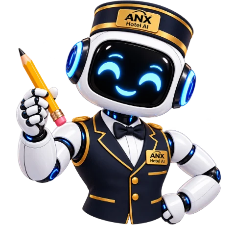 ANX Hotel AI mascot — a concierge robot in a black and gold bellhop uniform holding a pencil